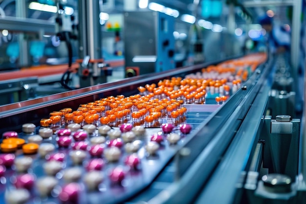 Photo pills and capsules on conveyor belt in pharmaceutical factory
