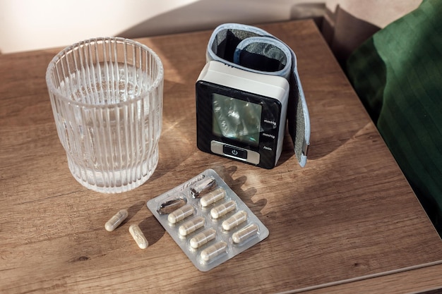 Pills capsules glass of water and digital blood pressure monitor on wooden background