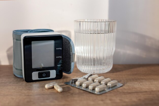 Pills capsules glass of water and digital blood pressure monitor on wooden background