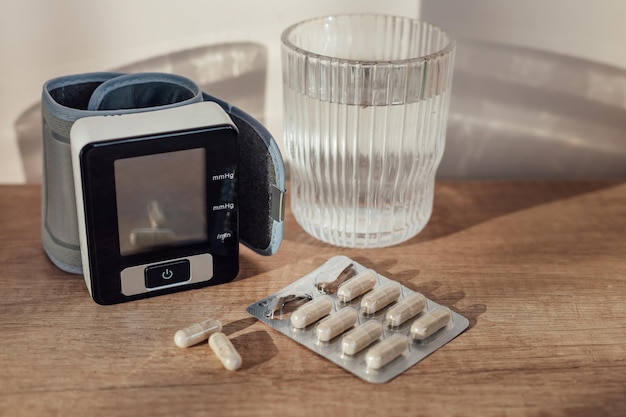 Pillole capsule bicchiere d'acqua e monitor digitale della pressione sanguigna su sfondo di legno