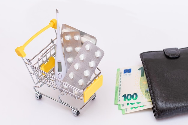 Pills and capsules in a shopping cart and black wallet with euro money