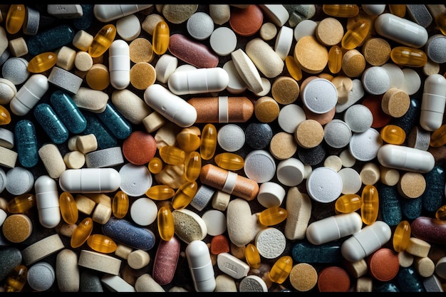 Pills and capsules on a wooden background