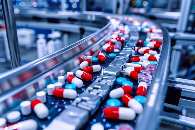 Photo pills on conveyor belt in pharmaceutical factory