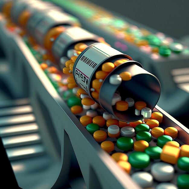 Таблетки на конвейере на заводе фармацевтической промышленности по производству искусственного интеллекта