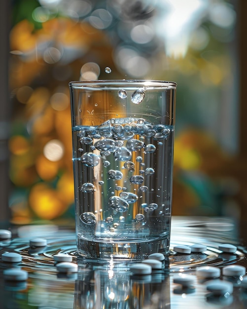 Pills floating in a glass of water bubbles rising to the surface