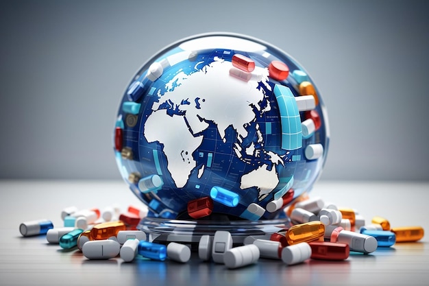 Pills and glass globe with digital icons background