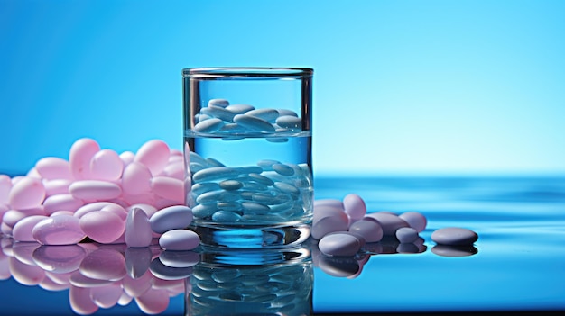 Pills and glass of water on blue background Medicine healthcare concept