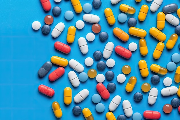 Pills is surrounded by a pile of colorful pills