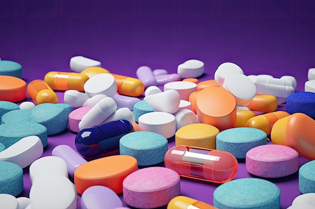 Pills is surrounded by a pile of colorful pills