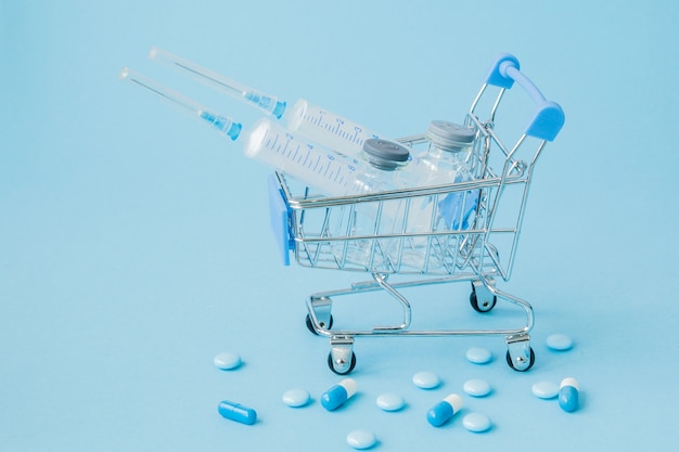 Pills and medical injection in shopping trolley on blue.