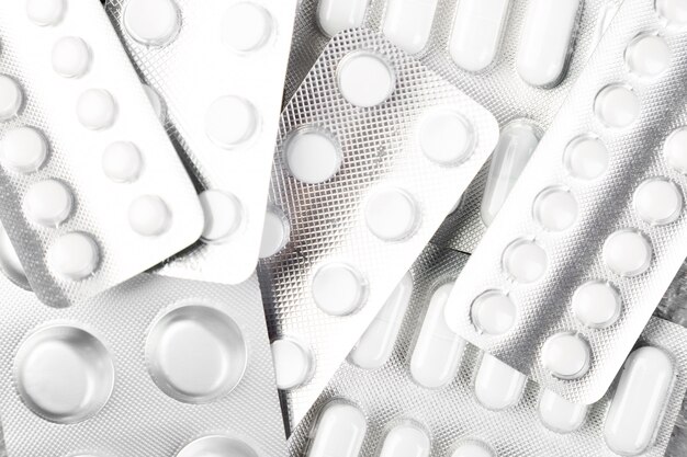 Pills. Medicine Pills in blister pack. Tablets and bottle.