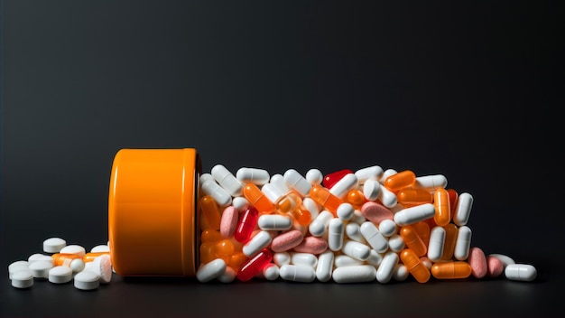 Pills spilling out of pill bottle on black background with copy space