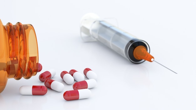 Pills and syringe on a white background. 3D rendering.
