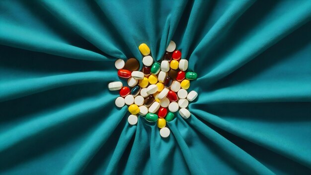 Pills and tablets on the fabric under the lights