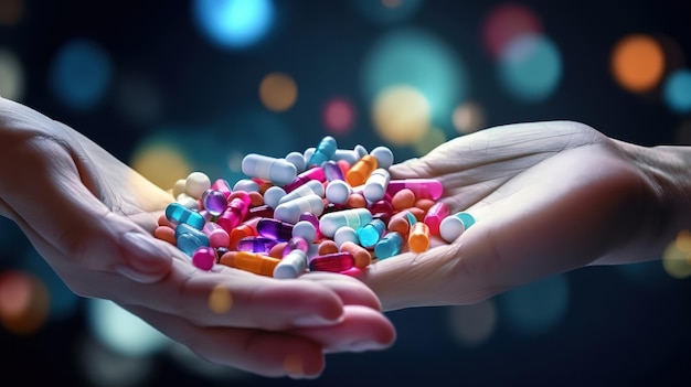 Pills and vitamins on a hands Generative Ai