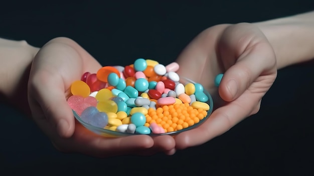 Pills and vitamins on a hands Generative Ai