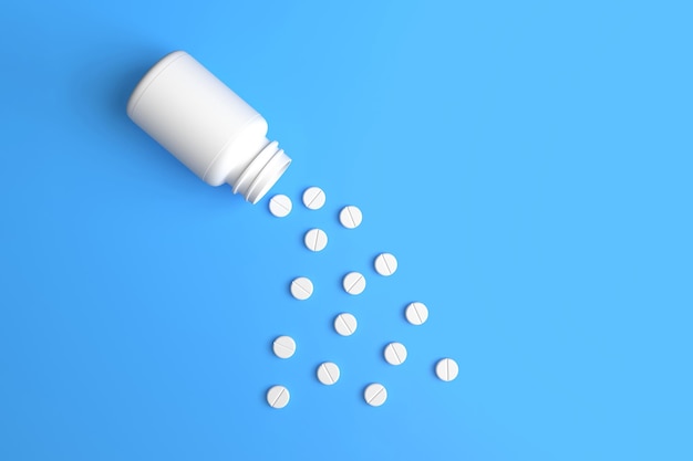 Pills and White pills bottle on blue background with copy space Medicine concepts 3D Render