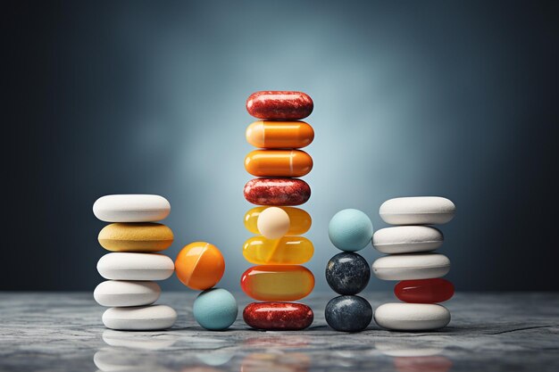 Pills on wooden table Healthcare and medical concept 3D Rendering