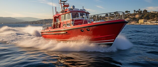 Foto pilootboot die snel in de haven beweegt