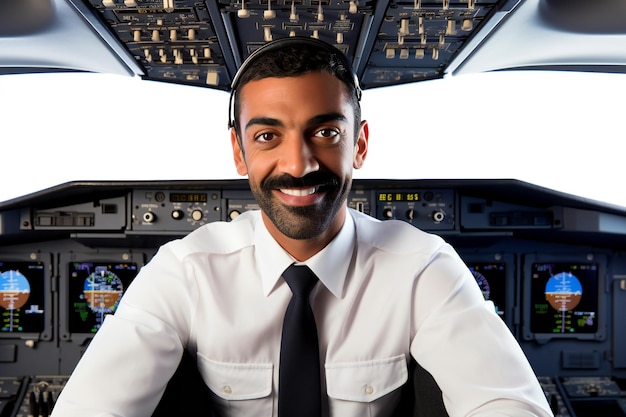 Photo pilot in airplane cockpit smiling and looking at the camera white background