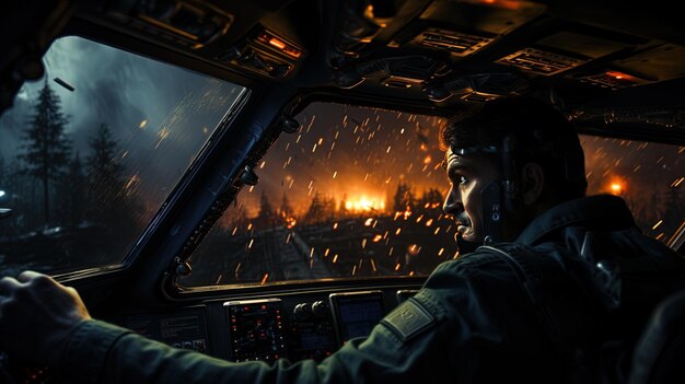 Photo a pilot in a cockpit with a fire on the window