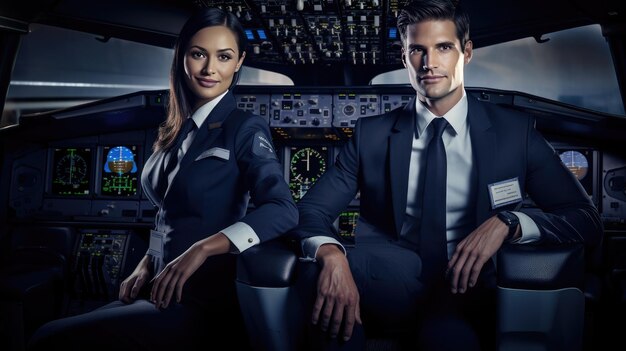Foto pilota e un primo ufficiale donna seduti fianco a fianco nella cabina di pilotaggio di un aereo
