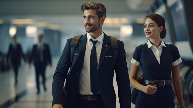 Photo pilot and flight attendant walking at airport terminal business travel concept