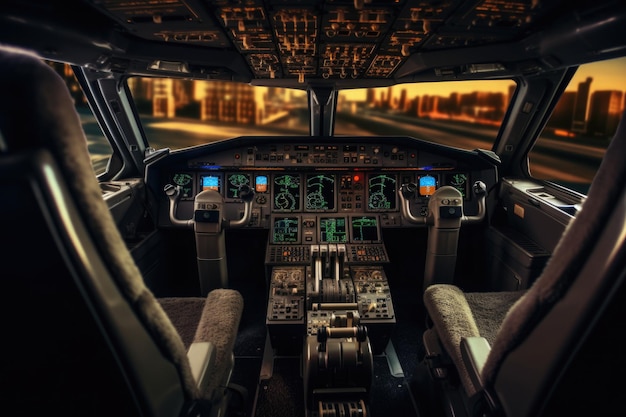 Pilot flight deck in civil airplane Plane cockpit interior with control panel Airplane cabin with dashboard and pilot seats