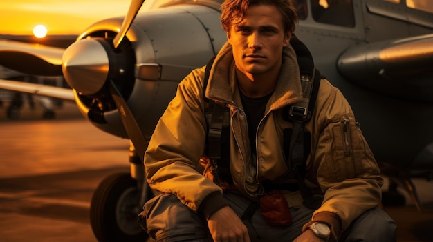 Pilot in front of an old propeller plane at sunset