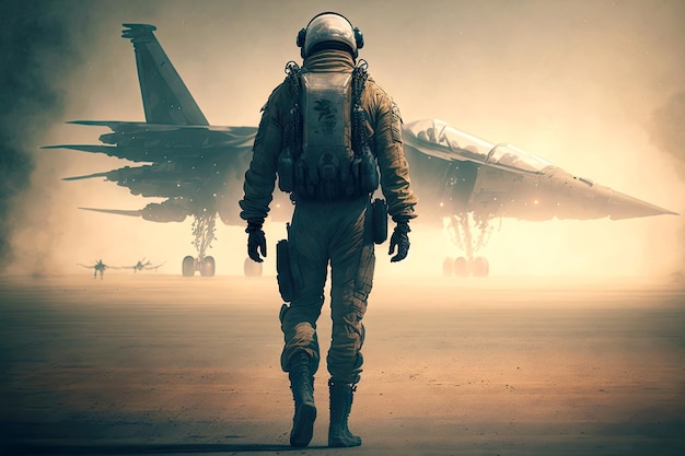 Photo pilot in helmet and spacesuit goes to his fighter jets