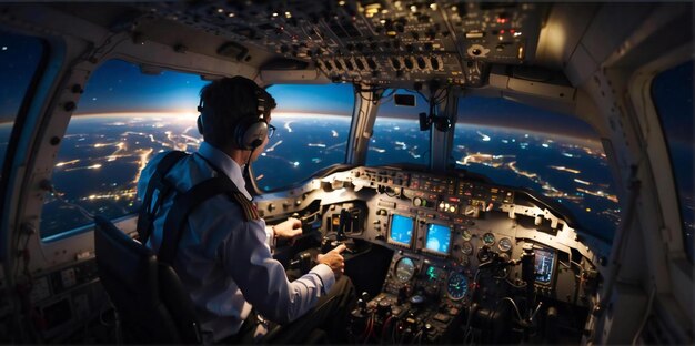 Photo the pilot is operating the plane in the night sky the camera is shining from the pilot39s cabin