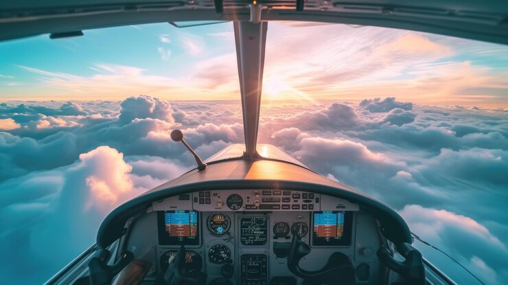 Фотография пилот - это вид из кабины пилота самолета, летящего над облаками.