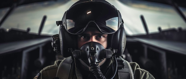 Pilot in mask and helmet in fighter cockpit with copy space