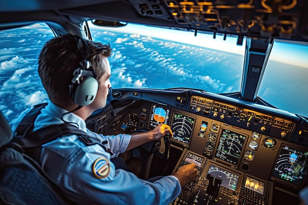 Photo pilot navigating from the cockpit of an airplane