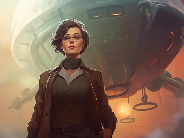 Photo a pilot prepares for departure at dusk beside her airship