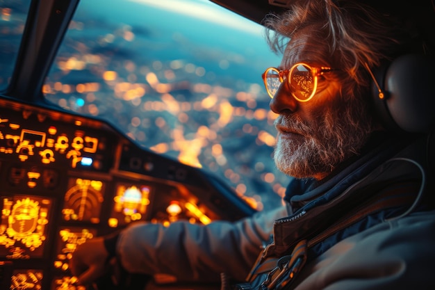 Pilot seated in nighttime plane cockpit