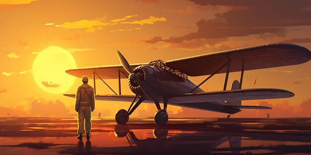 A pilot stands by a small aircraft emanating a romantic retro style creating a timeless image of aviation's golden era ai generative ai