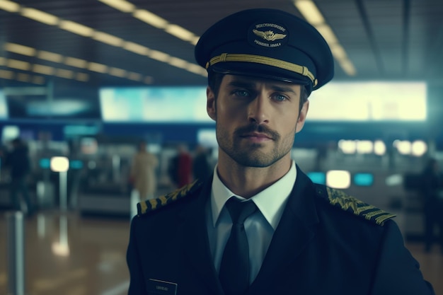 Pilot in uniform and hat standing in the airport