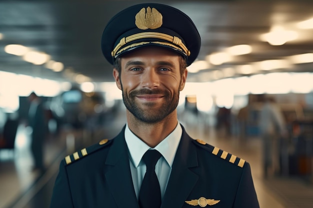 Pilot in uniform and hat standing in the airport