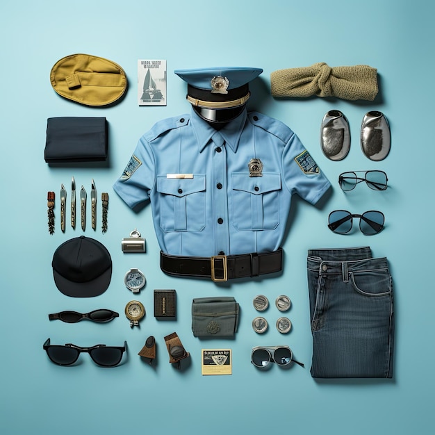 Foto pilot vintage knolling flat lays studio foto stoffa equipaggio professione retro instagram wall art