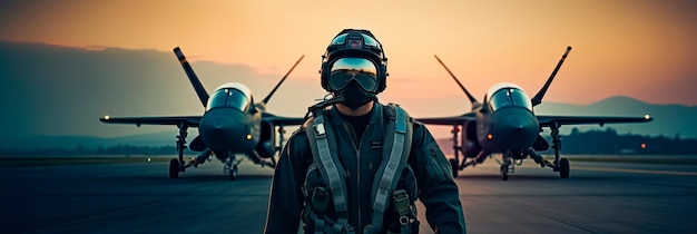 pilot walking along the runway lighting in the background of a multifighter