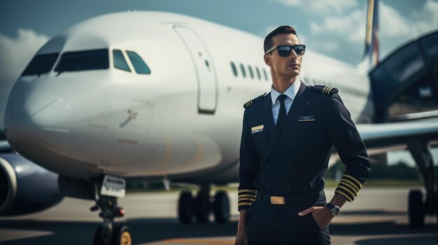 Photo a pilot wearing a cool uniform stood next to the plane ready to take off vignetting photography