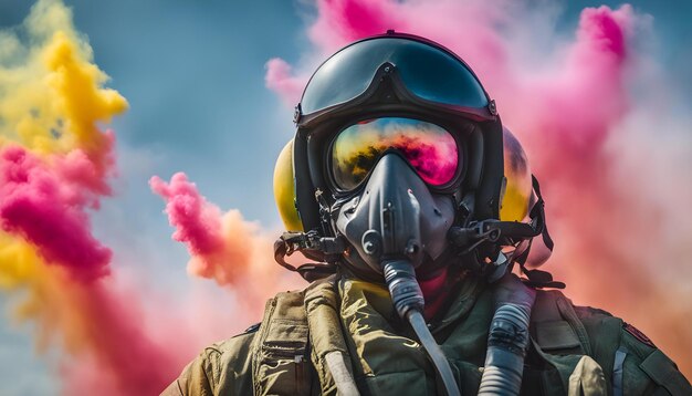 a pilot wearing a helmet and goggles with purple smoke in the background