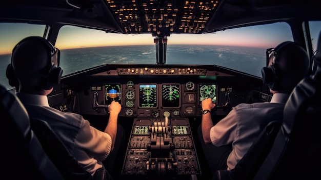 Foto piloten die in de cockpit van een vliegtuig werken