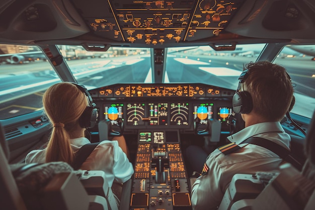 Piloten in de cockpit bereiden zich voor op een nachtvlucht met kunstmatige intelligentie