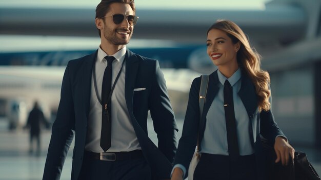 Пилоты ходят по аэропорту, они держат друг друга за руки и улыбаются.