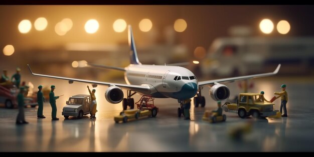 Pilots and flight attendants prepare an airplane on the runway for takeoff AI generated