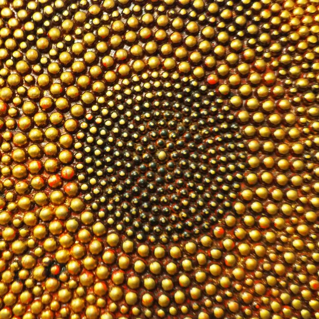 Photo pimples or spikes made of gold metal metal rounded bulges are located in a circle symbol of the sun or cycle unusual abstract background the pimples are larger at the edges than in the middle