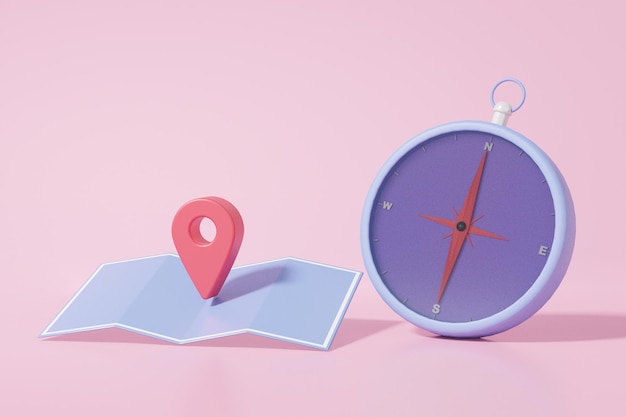 Pin aanwijzer en kompas op roze achtergrond kaart locatie exploratie reizen navigatie concept website minimale cartoon stijl 3d render illustratie
