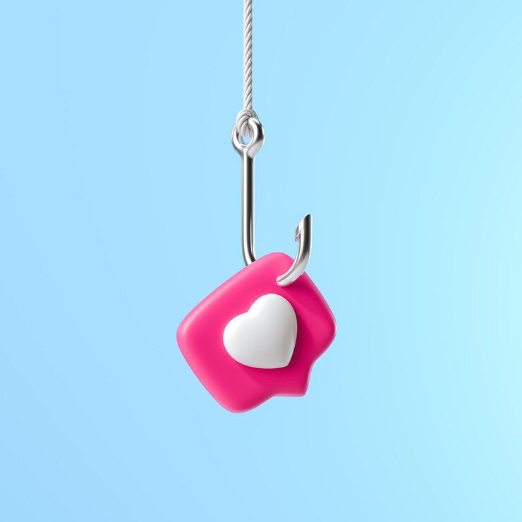 Pin Like met een hart aan een haak Sociale metafoor van manipulatie van meningen en hebzucht 3d render